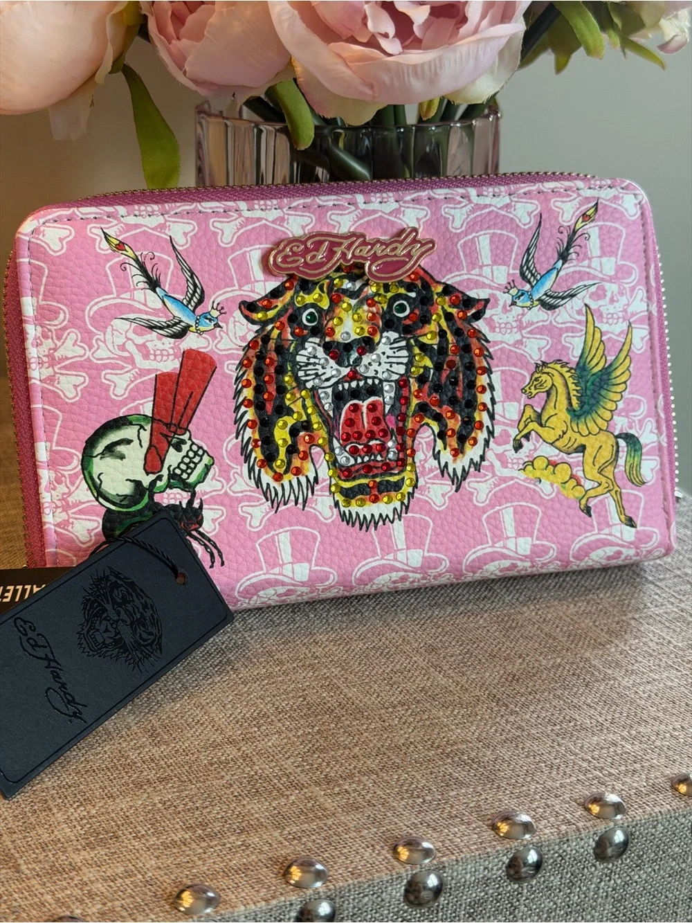 Ed Hardy Pink Graphic Zip-Around Wallet with Tiger & Skull Motifs